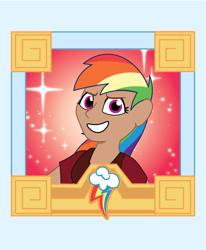 Size: 1350x1635 | Tagged: safe, artist:prixy05, rainbow dash, human, g4, g5, my little pony: tell your tale, clothes, confident, female, framed picture, humanized, looking at you, moderate dark skin, smiling, solo