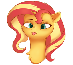 Size: 3406x3066 | Tagged: safe, artist:bluishdraft, sunset shimmer, pony, unicorn, g4, :p, bust, cheek fluff, cute, female, high res, horn, mare, neck fluff, portrait, shimmerbetes, silly, silly face, silly pony, simple background, small horn, solo, tongue out, transparent background