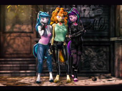 Size: 7200x5400 | Tagged: safe, artist:imafutureguitarhero, adagio dazzle, aria blaze, sonata dusk, earth pony, anthro, unguligrade anthro, rainbow rocks 10th anniversary, g4, absurd file size, absurd resolution, alternate hairstyle, arm fluff, arm freckles, black bars, bra, bra strap, bracelet, breast fluff, breasts, cheek fluff, chin fluff, chromatic aberration, cleavage, cleavage fluff, clothes, colored eyebrows, colored eyelashes, contrapposto, corset, crossed arms, denim, dreamworks face, ear fluff, eyeshadow, female, film grain, fingerless gloves, fishnet clothing, fishnet gloves, fishnet stockings, floppy ears, fluffy hair, fluffy mane, fluffy tail, freckles, gem, gloves, graffiti, grin, hand on face, hand on hip, head tilt, hoof fluff, jacket, jeans, jewelry, latex, latex pants, leather, leather gloves, leather jacket, letterboxing, makeup, mare, midriff, multicolored hair, multicolored mane, multicolored tail, neck fluff, nose wrinkle, one ear down, outdoors, pants, revamped anthros, revamped ponies, see-through, shadow, shiny, shorts, shoulder fluff, shoulder freckles, sidewalk, signature, siren gem, smiling, stockings, street, sunlight, tail, tank top, the dazzlings, thigh highs, tree, tree branch, trio, underwear, unshorn fetlocks, wall of tags