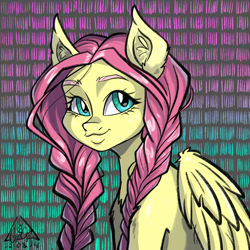 Size: 2048x2048 | Tagged: safe, artist:gigisarts, fluttershy, pegasus, pony, g4, alternate hairstyle, blue eyes, braid, braided pigtails, ear fluff, female, haircut, mare, pigtails, pink mane, signature, solo