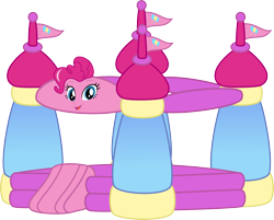 Size: 2372x1904 | Tagged: safe, artist:static51302, pinkie pie, human, fanfic:choose your own magic ending, equestria girls, g4, bouncy castle, elastic, fanfic art, inanimate tf, rubber, simple background, solo, superhero, transformation, transparent background, vector