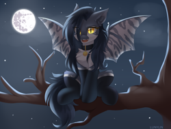 Size: 6500x4908 | Tagged: oc name needed, safe, alternate version, artist:lunylin, oc, oc only, bat pony, pony, absurd resolution, bat pony oc, bat wings, cheek fluff, chest fluff, clothes, collar, commission, ear fluff, fangs, full moon, mare in the moon, moon, night, night sky, open mouth, outdoors, pet tag, sitting, sky, slit pupils, socks, solo, spread wings, stars, tail, tree branch, wings