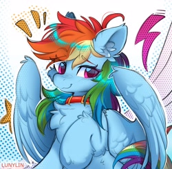 Size: 4096x4020 | Tagged: safe, artist:lunylin, rainbow dash, pegasus, pony, g4, absurd resolution, cheek fluff, chest fluff, collar, cute, dashabetes, ear fluff, eye clipping through hair, eyebrows, eyebrows visible through hair, female, hoof fluff, knee fluff, leg fluff, mare, partially open wings, shoulder fluff, smiling, solo, wing fluff, wings