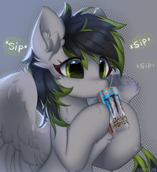 Size: 1000x1091 | Tagged: safe, artist:lunylin, oc, oc only, oc:silver moon, pegasus, pony, chest fluff, commission, drink, drinking, ear fluff, energy drink, female, mare, monster energy, pegasus oc, solo, wings, ych result