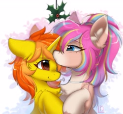 Size: 4096x3804 | Tagged: safe, artist:lunylin, oc, oc only, oc:amber fossil, oc:bijou butterfly, earth pony, pony, unicorn, chest fluff, duo, duo female, ear fluff, ears back, earth pony oc, female, high res, holly, holly mistaken for mistletoe, horn, kissing, mare, smiling, unicorn oc