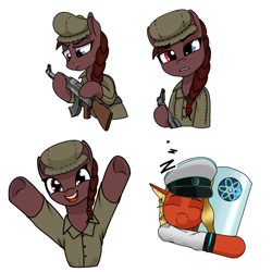 Size: 2000x2000 | Tagged: safe, artist:theuser, part of a set, oc, oc:altidiya, oc:posada, equestria at war mod, ak-47, assault rifle, braid, clothes, gun, happy, hat, heterochromia, looking at you, peaked cap, rifle, sad, simple background, sleeping, transparent background, weapon