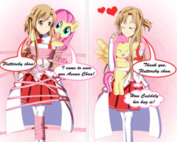 Size: 6347x5102 | Tagged: safe, artist:sincity2100, fluttershy, human, pegasus, pony, g4, anime, bondage, dialogue, english, female, fetish, gradient background, group, heart, hug, human female, mouth hold, ribbon, shadow, speech bubble, sword art online, tied up, untying, yuuki asuna