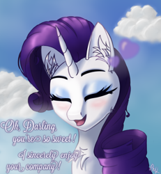 Size: 2356x2555 | Tagged: safe, artist:raritymylove, rarity, pony, g4, blushing, chest fluff, cloud, dialogue, ear fluff, eyes closed, eyeshadow, looking at you, makeup, open mouth, sky, smiling, smiling at you, solo