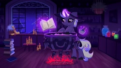 Size: 3840x2160 | Tagged: safe, artist:confetticakez, oc, oc only, oc:darkshine, pony, unicorn, book, candle, cauldron, commission, female, glowing, glowing horn, hat, high res, horn, indoors, levitation, magic, magic aura, mare, night, night sky, potion, potion making, sky, smiling, solo, stars, tail, telekinesis, unicorn oc, unshorn fetlocks, window, witch, witch hat