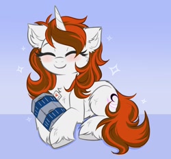 Size: 2322x2160 | Tagged: oc name needed, safe, artist:confetticakez, oc, oc only, pony, unicorn, blushing, cheek fluff, chest fluff, commission, ear fluff, eyes closed, female, fluffy, high res, horn, mare, smiling, solo, tail, unicorn oc, unshorn fetlocks