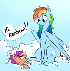 Size: 1801x1848 | Tagged: safe, artist:smirk, rainbow dash, scootaloo, pegasus, pony, g4, cloud, dialogue, duo, duo female, eyebrows, female, on a cloud, raised eyebrow, sitting, sitting on a cloud, speech bubble