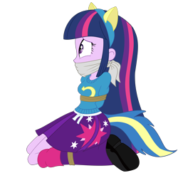 Size: 2500x2500 | Tagged: safe, artist:nie-martw-sie-o-mnie, twilight sparkle, human, equestria girls, g4, bondage, bound and gagged, cloth gag, clothes, female, femsub, gag, hands behind back, helping twilight win the crown, kneeling, leg warmers, rope, rope bondage, simple background, skirt, solo, submissive, tied up, transparent background, twisub, wondercolts uniform