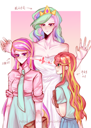 Size: 2894x4093 | Tagged: safe, artist:wuzhudaren, princess cadance, princess celestia, sunset shimmer, human, g4, blushing, clothes, gradient background, humanized, necktie, skirt, sweat, sweatdrop, text, trio