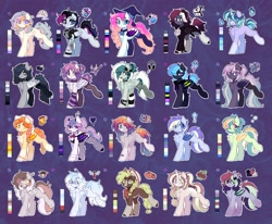 Size: 2048x1686 | Tagged: safe, artist:flixanoa, oc, oc only, unnamed oc, bat pony, earth pony, pegasus, pony, abstract background, adoptable, adoptable open, ahoge, bandage, bandaged leg, bandaid, bandana, base used, bat pony oc, big eyes, black eyeshadow, black socks, black wings, blaze (coat marking), blue eyes, blue mane, blue pupils, blue sclera, blue tail, blue wings, bow, braid, braided ponytail, braided tail, brown coat, brown hooves, chest fluff, choker, clothes, coat markings, collar, color palette, colored belly, colored eartips, colored eyelashes, colored hooves, colored horns, colored muzzle, colored pupils, colored sclera, colored wings, coontails, cowboy hat, cream coat, curly mane, curly tail, dyed mane, ear fluff, ear piercing, ear tufts, earring, earth pony oc, eye clipping through hair, eyelashes, eyeshadow, facial markings, fangs, fishnet clothing, fishnet stockings, flower, flower in hair, flower in tail, fluffy leg warmers, folded wings, frown, gauges, glasses, gradient ears, gradient legs, gradient mane, gradient tail, gray coat, gray eyes, gray eyeshadow, gray mane, gray tail, gray wings, green bow, green coat, green eyes, green mane, green tail, green wings, hair accessory, hair bow, hair tie, hat, heterochromia, hock fluff, hoodie, hoofless socks, hooves, horn, horns, jacket, jewelry, lace choker, leather, leather jacket, leg markings, leg warmers, lidded eyes, light blue coat, long mane, long socks, long tail, looking back, makeup, mane accessory, multicolored mane, multicolored tail, narrowed eyes, neckerchief, orange eyes, orange mane, orange tail, orange wings, outline, pale belly, pale muzzle, pegasus oc, piercing, pigtails, pink coat, pink eyes, ponytail, punk, purple coat, purple eyes, purple eyeshadow, purple wings, raised hoof, raised leg, red eyes, red hooves, round glasses, ruffled collar, scrapes, shirt, short horns, short mane, short tail, shoulder fluff, silver coat, sleeveless, sleeveless hoodie, slit pupils, smiling, snip (coat marking), socks, socks (coat markings), sparkly eyes, sparkly mane, sparkly tail, spiky mane, spiky tail, spots, standing on two hooves, stetson, stockings, straight mane, straight tail, striped leg warmers, striped mane, striped tail, suit jacket, tail, tail bow, tattoo, thick horn, thigh highs, three quarter view, three toned mane, three toned tail, tied mane, tied tail, tinted glasses, tongue out, two toned ears, two toned wings, unicorn horn, wall of tags, white coat, white eyelashes, white hooves, white wings, wingding eyes, wings, witch hat, wristband, yellow coat