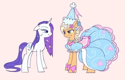 Size: 1341x857 | Tagged: safe, artist:6ji5z6gmst1j2vs, applejack, rarity, earth pony, pony, unicorn, g4, clothes, dress, female, froufrou glittery lacy outfit, gown, hat, hennin, horn, mare, pink background, princess, princess applejack, puffy sleeves, simple background, wet