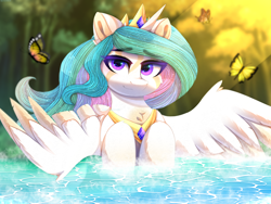 Size: 3072x2304 | Tagged: safe, artist:taiweiart, princess celestia, alicorn, butterfly, pony, g4, chest fluff, colored belly, colored pinnae, colored wings, colored wingtips, crown, facial markings, female, high res, jewelry, looking at you, mare, outdoors, partially submerged, peytral, regalia, smiling, smiling at you, solo, spread wings, two toned wings, water, wings