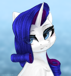 Size: 2304x2450 | Tagged: safe, artist:taiweiart, part of a set, rarity, pony, unicorn, g4, blue background, blushing, bust, chest fluff, eye clipping through hair, eyebrows, female, gradient background, high res, horn, looking at you, looking away, mare, simple background, solo