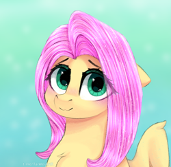 Size: 2304x2235 | Tagged: safe, artist:taiweiart, part of a set, fluttershy, pegasus, pony, g4, blushing, chest fluff, cute, eye clipping through hair, eyebrows, female, floppy ears, gradient background, high res, looking at you, mare, shyabetes, smiling, smiling at you, solo, wings