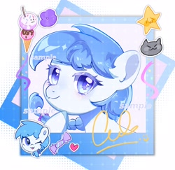 Size: 3648x3540 | Tagged: safe, artist:keke2569, oc, cat, earth pony, pony, bust, female, food, ice cream, mare, one eye closed, polaroid, portrait, sample, smiling, solo, stars, tongue out, wink