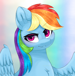 Size: 2492x2500 | Tagged: safe, artist:taiweiart, part of a set, rainbow dash, pegasus, pony, g4, blushing, chest fluff, eyebrows, eyebrows visible through hair, female, gradient background, high res, looking at you, mare, smiling, smiling at you, solo, spread wings, wings