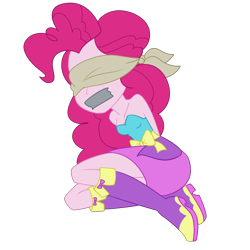 Size: 2000x2000 | Tagged: safe, artist:nie-martw-sie-o-mnie, pinkie pie, human, equestria girls, g4, bare shoulders, blindfold, bondage, boots, boots bondage, bound and gagged, clothes, dress, fall formal outfits, female, femsub, gag, pinkiesub, shoes, simple background, sleeveless, solo, strapless, submissive, tape, tape gag, this is our big night, tied up, transparent background