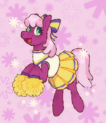 Size: 984x1140 | Tagged: safe, artist:beyhr, cheerilee, earth pony, pony, g4, bow, cheeribetes, cheerileeder, cheerleader, cheerleader outfit, clothes, cute, eyelashes, female, green eyes, hair bow, happy, magenta coat, mare, open mouth, open smile, outline, patterned background, pink coat, pink mane, pink tail, pleated skirt, pom pom, rearing, signature, skirt, smiling, sparkles, tail, text, two toned mane, two toned tail