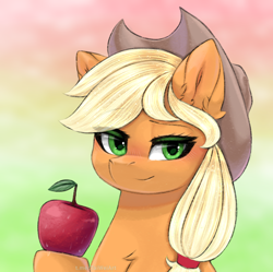 Size: 2514x2500 | Tagged: safe, artist:taiweiart, part of a set, applejack, earth pony, pony, g4, apple, applejack's hat, blushing, chest fluff, cowboy hat, ear fluff, eye clipping through hair, eyebrows, eyebrows visible through hair, female, food, hat, high res, looking at you, mare, smiling, smiling at you, solo