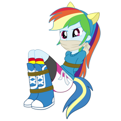 Size: 2000x2000 | Tagged: safe, artist:nie-martw-sie-o-mnie, rainbow dash, human, equestria girls, g4, bondage, boots, boots bondage, bound and gagged, cloth gag, clothes, dashsub, female, femsub, gag, helping twilight win the crown, rainbow socks, rope, rope bondage, shoes, simple background, sitting, socks, striped socks, submissive, tied up, transparent background, wondercolts uniform