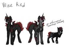 Size: 1500x1000 | Tagged: safe, artist:seemah, oc, oc only, oc:wine red, alicorn, earth pony, pony, g4, alcohol, alicorn oc, concept art, earth pony oc, female, glass, horn, madness is magic, madness project nexus, mare, red eyes, red mane, wine, wine glass, wings