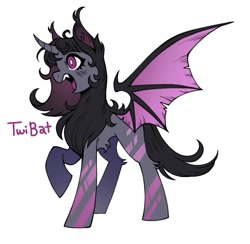 Size: 709x693 | Tagged: safe, artist:anemonaii, twilight sparkle, alicorn, bat pony, bat pony alicorn, pony, g4, alternate coat color, alternate color palette, alternate design, alternate eye color, alternate hairstyle, alternate mane color, alternate tail color, alternate tailstyle, bangs, bat ponified, bat wings, blush scribble, blushing, chest fluff, coat markings, colored chest fluff, colored ears, colored pinnae, colored wings, concave belly, curved horn, ear tufts, fangs, female, gradient mane, gradient pinnae, gradient wings, gray coat, hock fluff, horn, leg markings, leg stripes, long mane, long tail, magenta eyes, mare, missing cutie mark, open mouth, open smile, profile, purple text, race swap, raised hoof, simple background, smiling, spread wings, standing on three hooves, stripes, tail, teeth, text, torn wings, twibat, twilight sparkle (alicorn), unicorn horn, white background, white pupils, wings