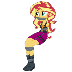 Size: 2500x2500 | Tagged: safe, artist:nie-martw-sie-o-mnie, sunset shimmer, human, equestria girls, g4, my little pony equestria girls: better together, bondage, boots, boots bondage, bound and gagged, clothes, female, femsub, gag, shoes, simple background, sitting, skirt, solo, submissive, subset, tape, tape bondage, tape gag, tied up, transparent background