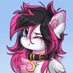 Size: 2560x2560 | Tagged: safe, artist:lunylin, oc, oc only, oc:lunylin, pegasus, pony, bust, chest fluff, coat markings, collar, colored belly, colored ear fluff, colored wings, crescent, cute, ear fluff, ear markings, eye markings, eyebrows, eyebrows visible through hair, facial markings, female, folded wings, gradient background, high res, looking at you, mare, one eye closed, pegasus oc, smiling, smiling at you, solo, stripe (coat marking), two toned mane, two toned wings, wings, wink, winking at you