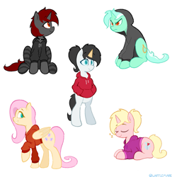 Size: 1075x1105 | Tagged: safe, artist:waffletheheadmare, fluttershy, lyra heartstrings, oc, oc:dared step, oc:ember stone, oc:wafflehead, pegasus, unicorn, g4, bipedal, clothes, dig the swell hoodie, fake horn, food, hood, hoodie, horn, lying down, simple background, sitting, sleeping, smiling, waffle, waffle cone