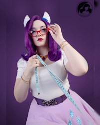 Size: 1080x1346 | Tagged: safe, rarity, human, g4, clothes, cosplay, costume, cutie mark on clothes, glasses, irl, irl human, measuring tape, photo, rarity's glasses, solo