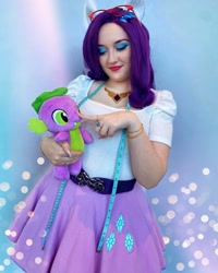 Size: 1080x1349 | Tagged: safe, rarity, spike, human, g4, boop, clothes, cosplay, costume, cutie mark on clothes, glasses, irl, irl human, kumoricon, measuring tape, photo, plushie, rarity's glasses, spike plushie