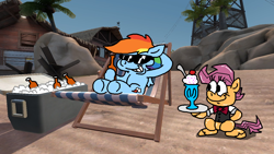 Size: 1280x720 | Tagged: safe, artist:dragonboi471, artist:rainbowdashsmailbag, rainbow dash, scootaloo, pegasus, pony, robot, robot pony, g4, 3d, alcohol, beach, beach chair, beer, chair, cooler, food, gmod, ice cream, scootabot