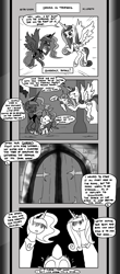 Size: 1451x3300 | Tagged: safe, artist:loreto-arts, princess cadance, princess flurry heart, princess luna, spike, pony, comic:friendship is innuendo, comic:friendship is innuendo vol. 2, g4, monochrome, winged spike, wings