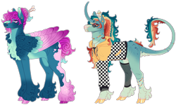 Size: 4244x2548 | Tagged: safe, artist:sleepy-nova, oc, oc only, oc:witches snare, classical unicorn, pegasus, pony, unicorn, blank flank, blaze (coat marking), blue coat, blue eyes, bracelet, braid, butt freckles, chest fluff, clothes, cloven hooves, coat markings, colored belly, colored hooves, colored pinnae, colored wings, colored wingtips, commission, curly mane, curly tail, curved horn, cyan coat, duo, ear piercing, earring, eyelashes, facial markings, feathered wings, female, fishnet clothing, fishnet stockings, freckles, gold hooves, golden eyes, gradient legs, gradient mane, gradient tail, gradient wingtips, hair bun, hairpin, heart, heart mark, hoodie, hooves, horn, jewelry, lacrimal caruncle, leg freckles, leg markings, leonine tail, lidded eyes, lip piercing, long horn, looking back, mare, mismatched hooves, multicolored mane, multicolored tail, multicolored wings, necklace, no pupils, pendant, piercing, pink hooves, pink mane, pink tail, pink wingtips, shiny hooves, simple background, smiling, snake bites, snip (coat marking), socks (coat markings), standing, star earring, star mark, stars, stockings, striped mane, striped tail, sunglasses, tail, tail fluff, tail freckles, tail markings, thigh highs, tied mane, transparent background, two toned horn, unshorn fetlocks, wall of tags, wings