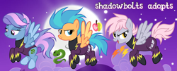 Size: 1280x518 | Tagged: safe, artist:vi45, oc, oc only, pegasus, pony, clothes, costume, female, mare, moon, night, screencap background, shadowbolts costume, trio, trio female