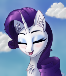 Size: 2219x2564 | Tagged: safe, artist:raritymylove, rarity, pony, g4, blushing, chest fluff, cloud, ear fluff, eyes closed, eyeshadow, looking at you, makeup, open mouth, sky, smiling, smiling at you, solo