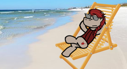 Size: 730x398 | Tagged: safe, artist:josephthedumbimpostor, oc, oc:lawkeeper equity, elements of justice, beach, beach chair, chair, clothes, crossed legs, hooves behind head, ocean, one-piece swimsuit, sunglasses, swimsuit, water