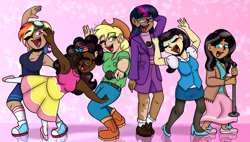 Size: 1711x975 | Tagged: safe, artist:dj axel, applejack, fluttershy, pinkie pie, rainbow dash, rarity, twilight sparkle, human, g4, clothes, commissioner:prixy05, dark skin, eyes closed, female, humanized, light skin, mane six, microphone, moderate dark skin, patterned background, singing