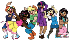 Size: 1711x975 | Tagged: safe, alternate version, artist:dj axel, applejack, fluttershy, pinkie pie, rainbow dash, rarity, twilight sparkle, human, g4, clothes, commissioner:prixy05, dark skin, eyes closed, female, humanized, light skin, mane six, microphone, moderate dark skin, simple background, singing, transparent background