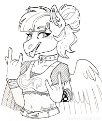 Size: 2195x2605 | Tagged: safe, artist:monnarcha, oc, pegasus, anthro, choker, devil horn (gesture), female, fishnet clothing, monochrome, solo, spiked choker, spiked wristband, wristband