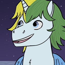 Size: 1200x1200 | Tagged: safe, artist:azurllinate, oc, oc only, oc:sol bright, unicorn, 2024, blue eyes, colored, digital art, green mane, horn, icon, male, night, ocean, open mouth, open smile, sky, smiling, stars, summer, teeth, towel, two toned mane, unicorn oc, water, white body, yellow mane