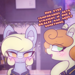 Size: 2664x2662 | Tagged: safe, artist:sodapop sprays, carrot top, derpy hooves, golden harvest, oc, oc only, pegasus, pony, series:derpy can't catch a break, g4, :c, >:c, angry, angy, blushing, clothes, cute, ear fluff, eye clipping through hair, freckles, frown, irl background, looking at you, madorable, mcdonald's, solo, text, underp, uniform