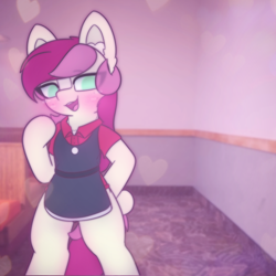 Size: 2664x2662 | Tagged: safe, artist:sodapop sprays, roseluck, earth pony, pegasus, pony, semi-anthro, series:roseluck can't catch a break, g4, apron, bipedal, blushing, clothes, ear fluff, eye clipping through hair, freckles, irl background, looking at you, solo, uniform, wendy's