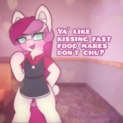 Size: 2664x2662 | Tagged: safe, artist:sodapop sprays, roseluck, earth pony, pony, semi-anthro, series:roseluck can't catch a break, g4, apron, bipedal, blushing, clothes, ear fluff, eye clipping through hair, freckles, irl background, looking at you, mcdonald's, meme, solo, text, uniform, wendy's