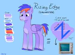 Size: 2559x1896 | Tagged: safe, artist:adamv20, oc, oc only, oc:rising edge, pegasus, pony, blue background, cutie mark, cyan background, gradient hooves, male, oscilloscope, reference sheet, simple background, solo, stallion