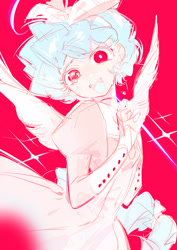 Size: 2150x3035 | Tagged: safe, artist:minodreamland, cozy glow, human, g4, clothes, colored sketch, dress, humanized, looking at you, open mouth, red background, simple background, sketch, solo, sparkles, tail, tailed humanization, text, winged humanization, wings